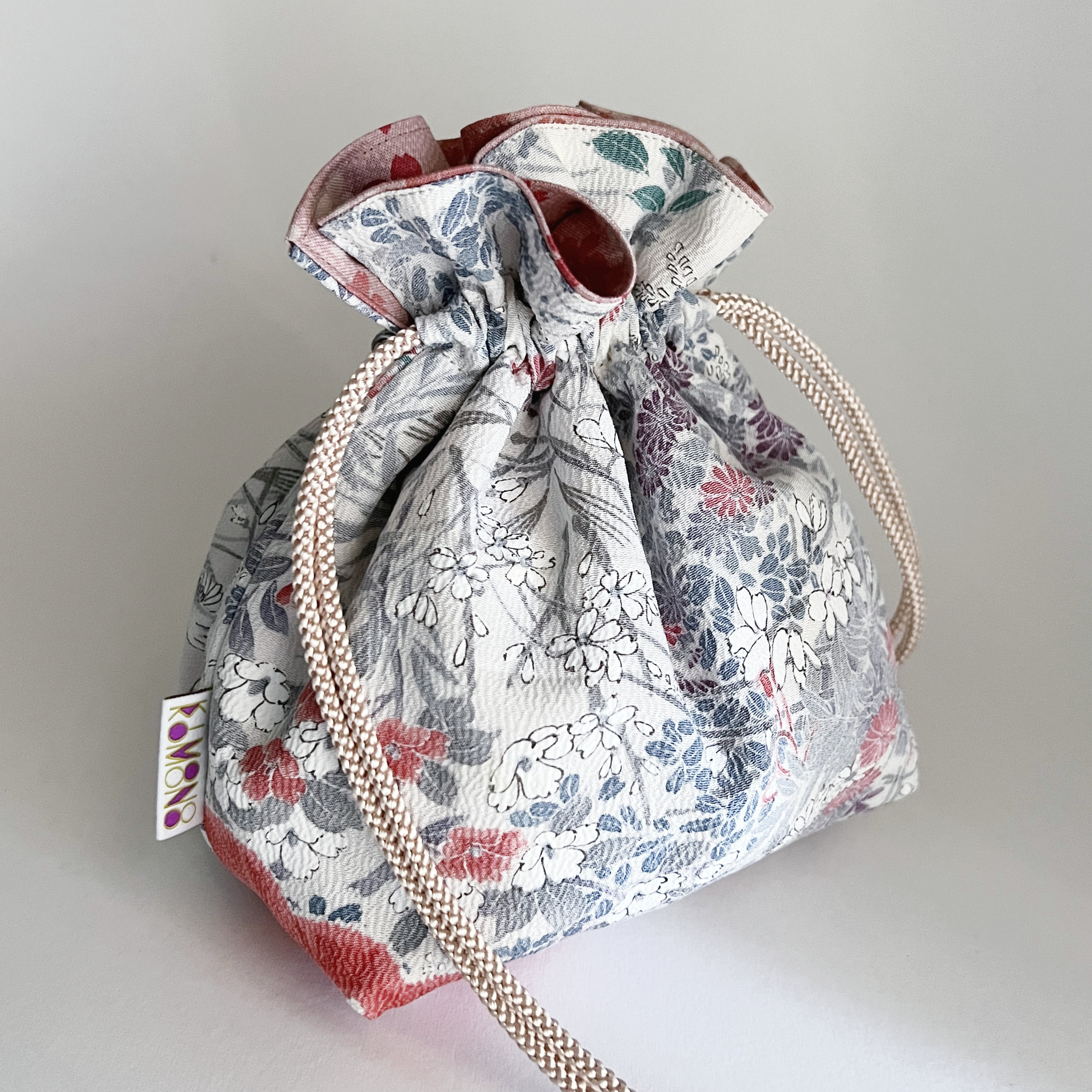 Light Grey & Pink Crepe Silk Kinchaku