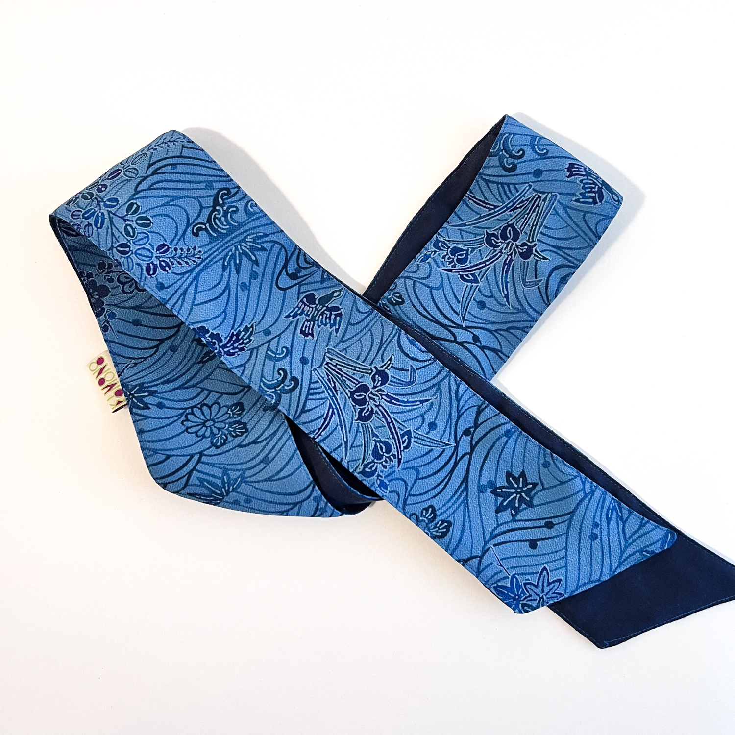 Blue Crepe Silk Fashion Scarf with Wave Pattern