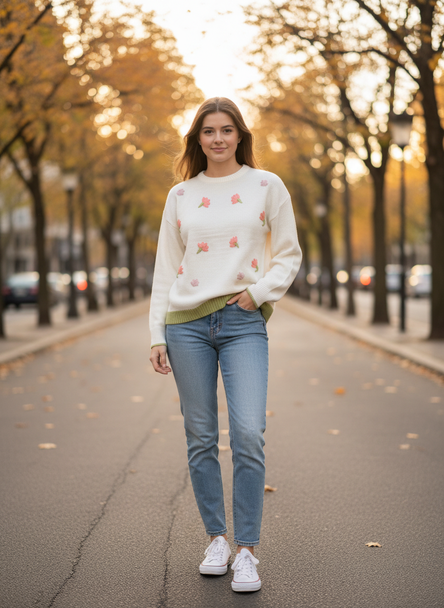 Floral Embroidered Cream Sweater