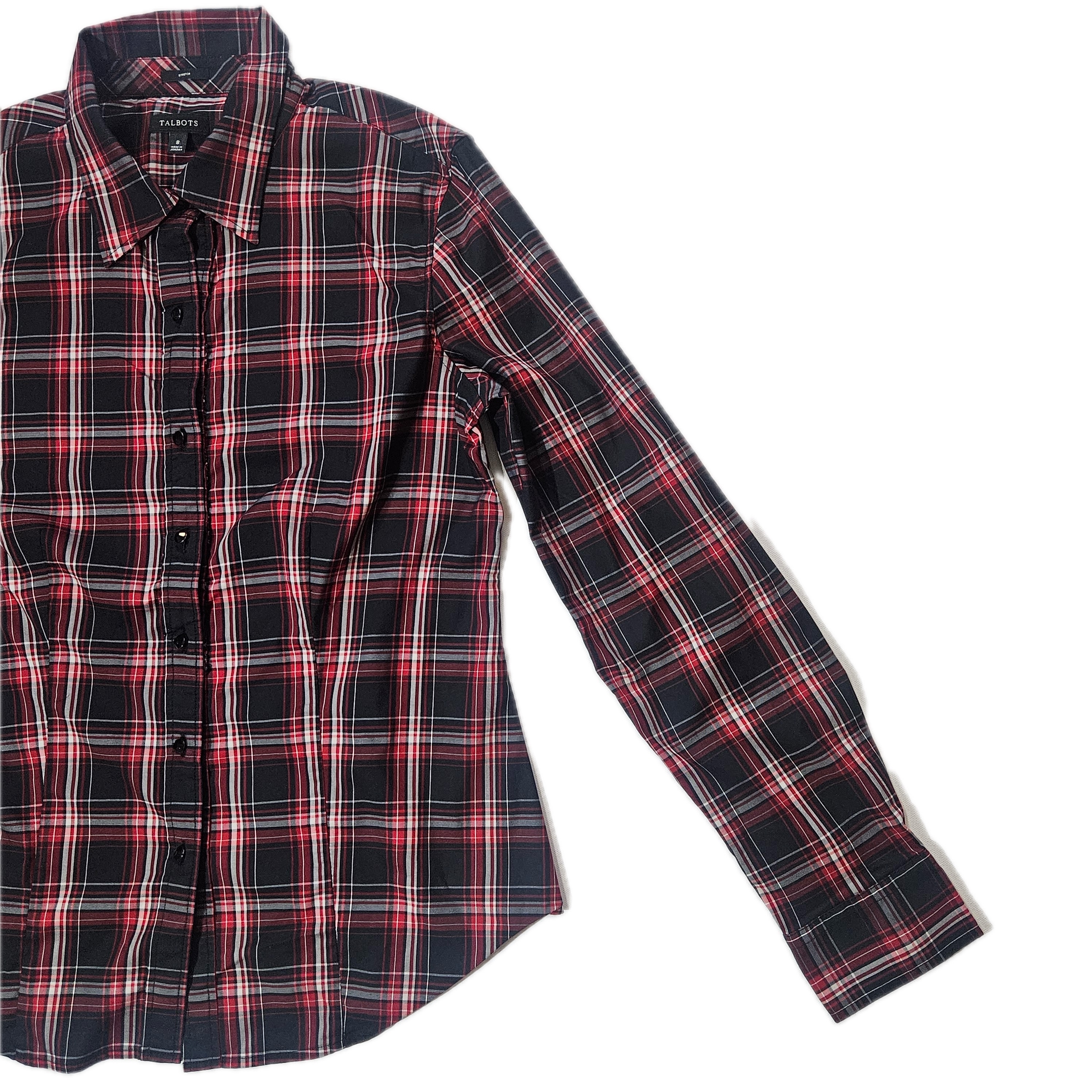 Talbots Button-Up Womens 8 Red Plaid Long Sleeve Collared Stretch Button Front