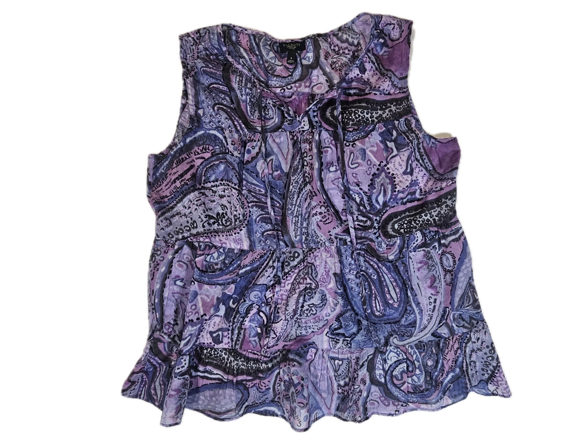 Talbots Blouse Womens Small Purple Paisley Tie Neck Sleeveless Sheer Casual Top