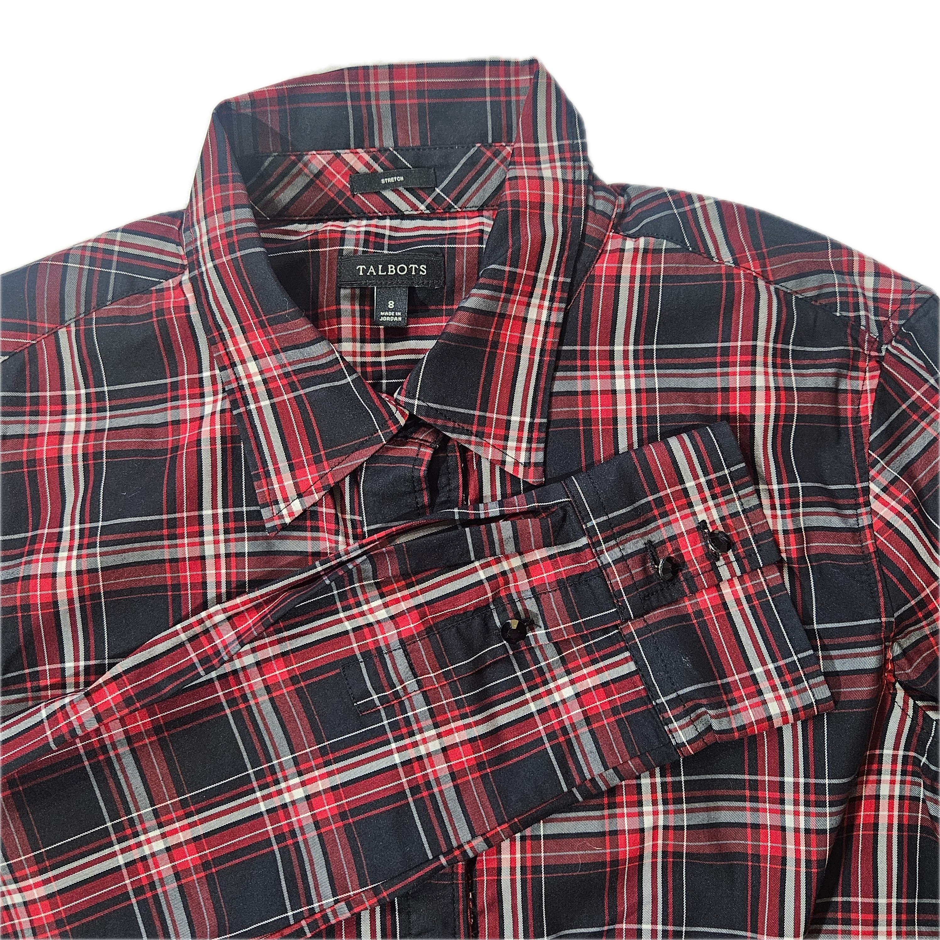 Talbots Button-Up Womens 8 Red Plaid Long Sleeve Collared Stretch Button Front