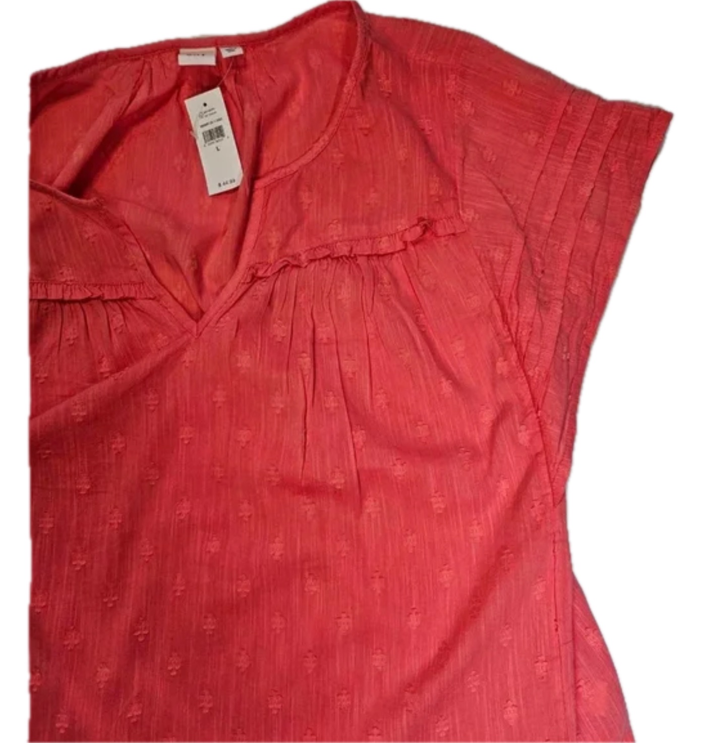 GAP Blouse Womens L Coral V-Neck Cap Sleeve Ruffle Floral Lightweight Relaxed