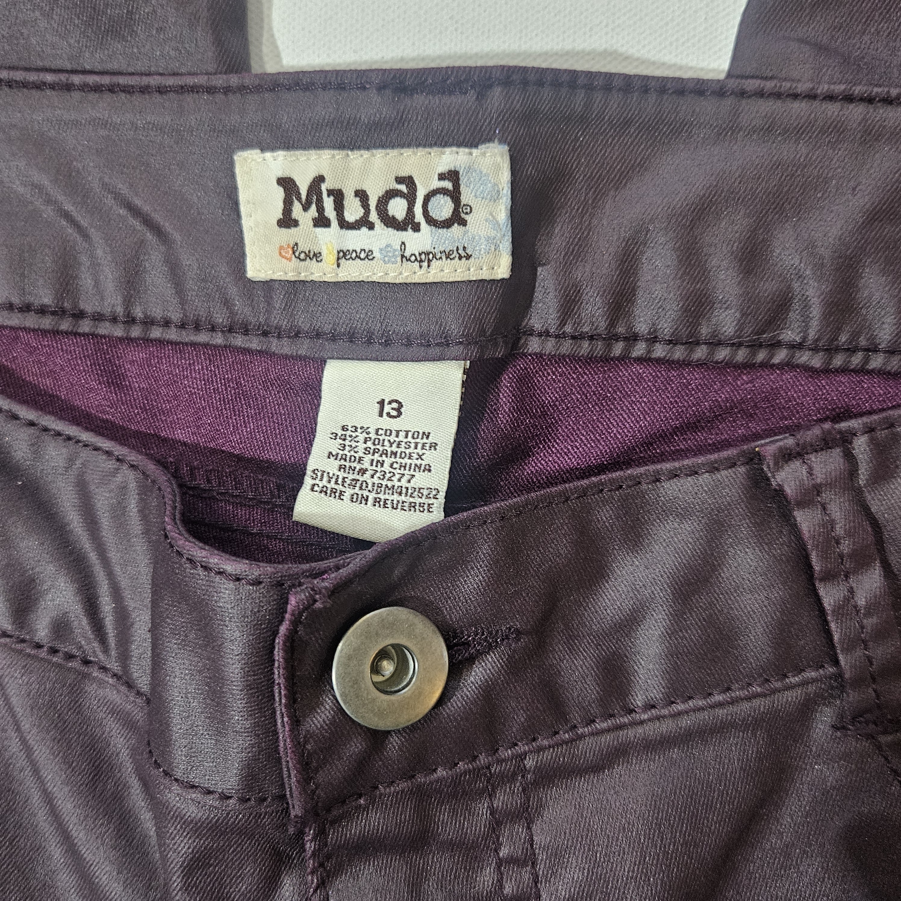 Mudd Pants Teens 13 Purple Ankle Skinny Coated Slim Stretch Pockets Zip