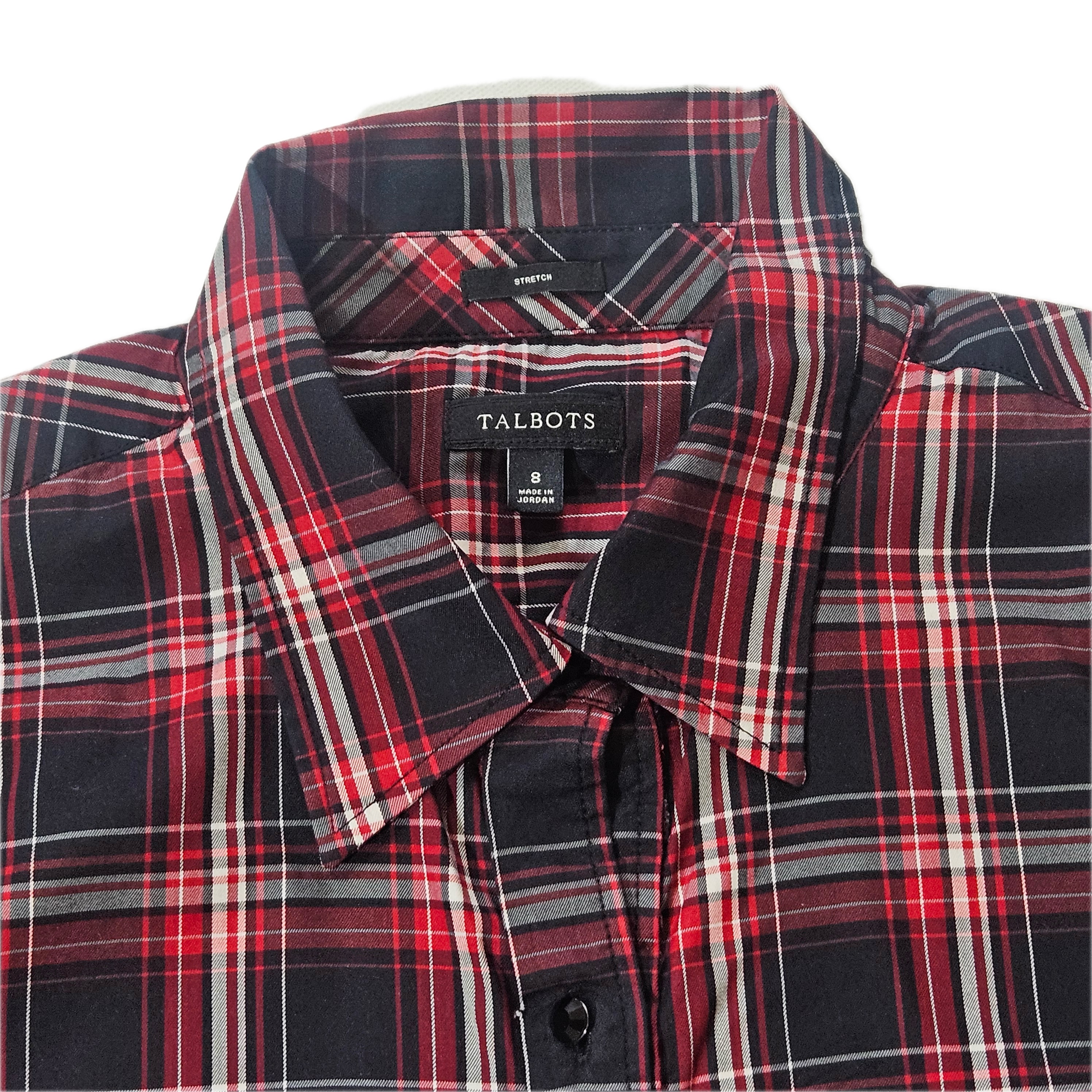 Talbots Button-Up Womens 8 Red Plaid Long Sleeve Collared Stretch Button Front