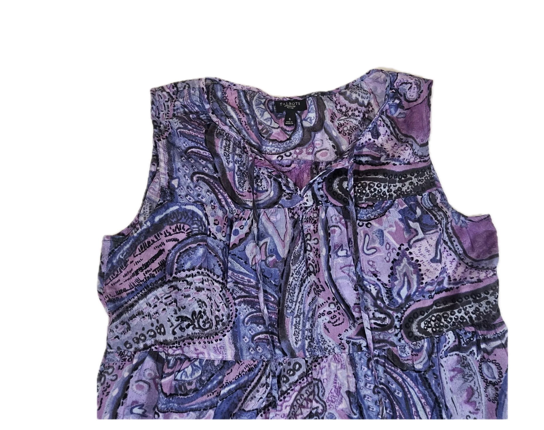 Talbots Blouse Womens Small Purple Paisley Tie Neck Sleeveless Sheer Casual Top