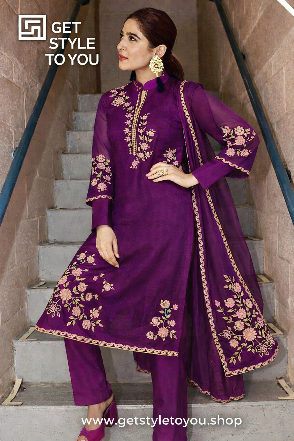 Purple Embroidered Traditional Suit