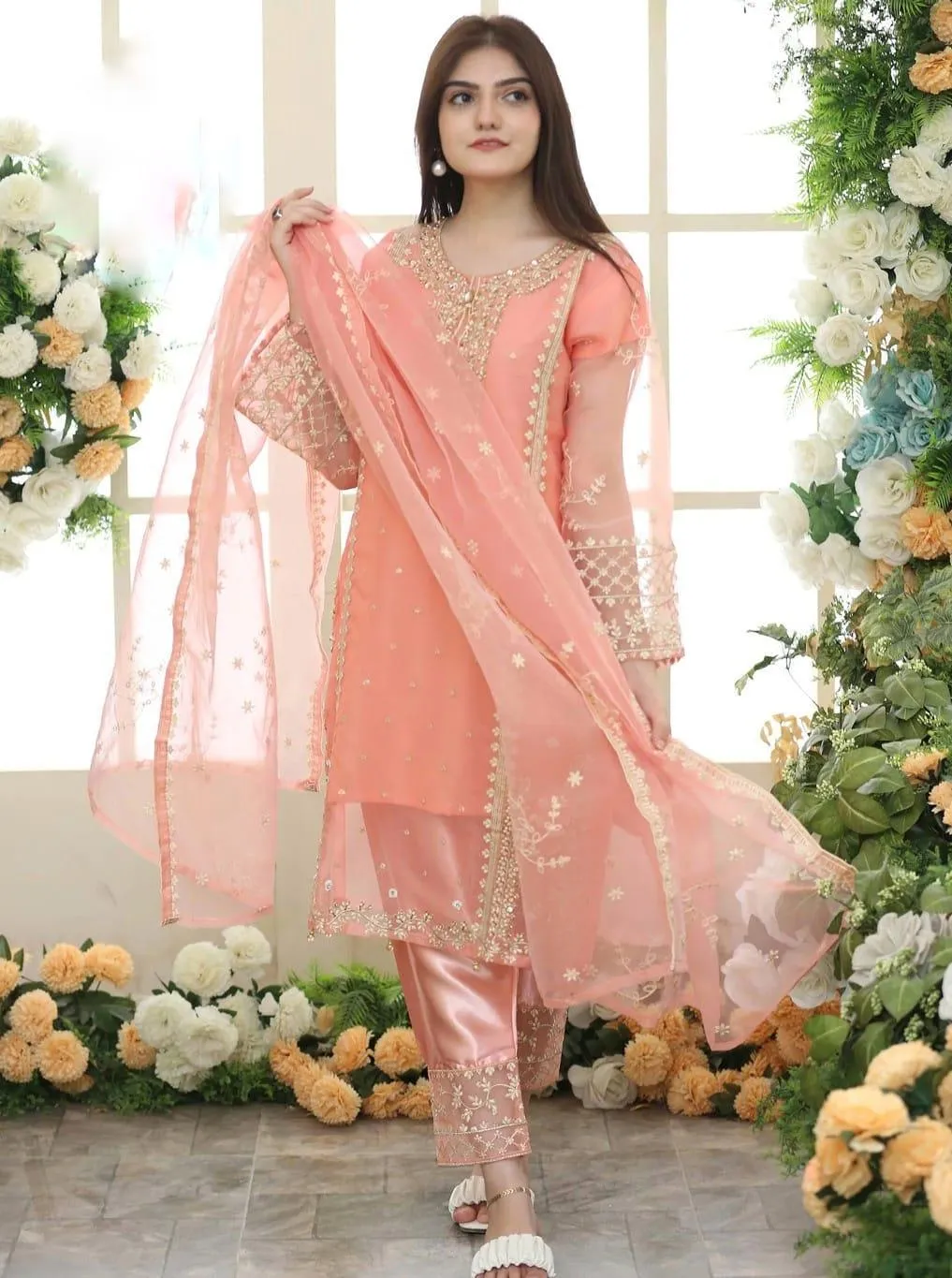Peach Embroidered Festive Suit