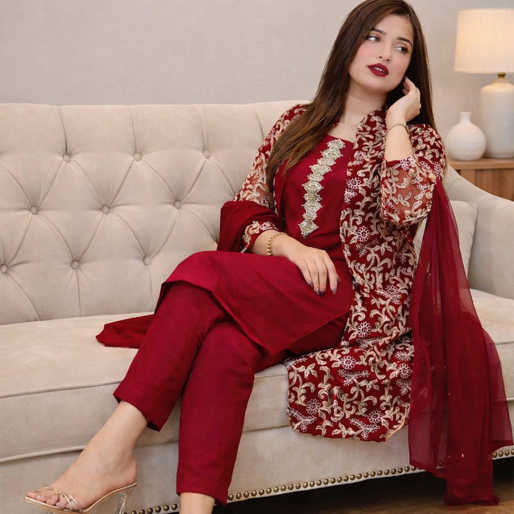 Embroidered Maroon Traditional Dress