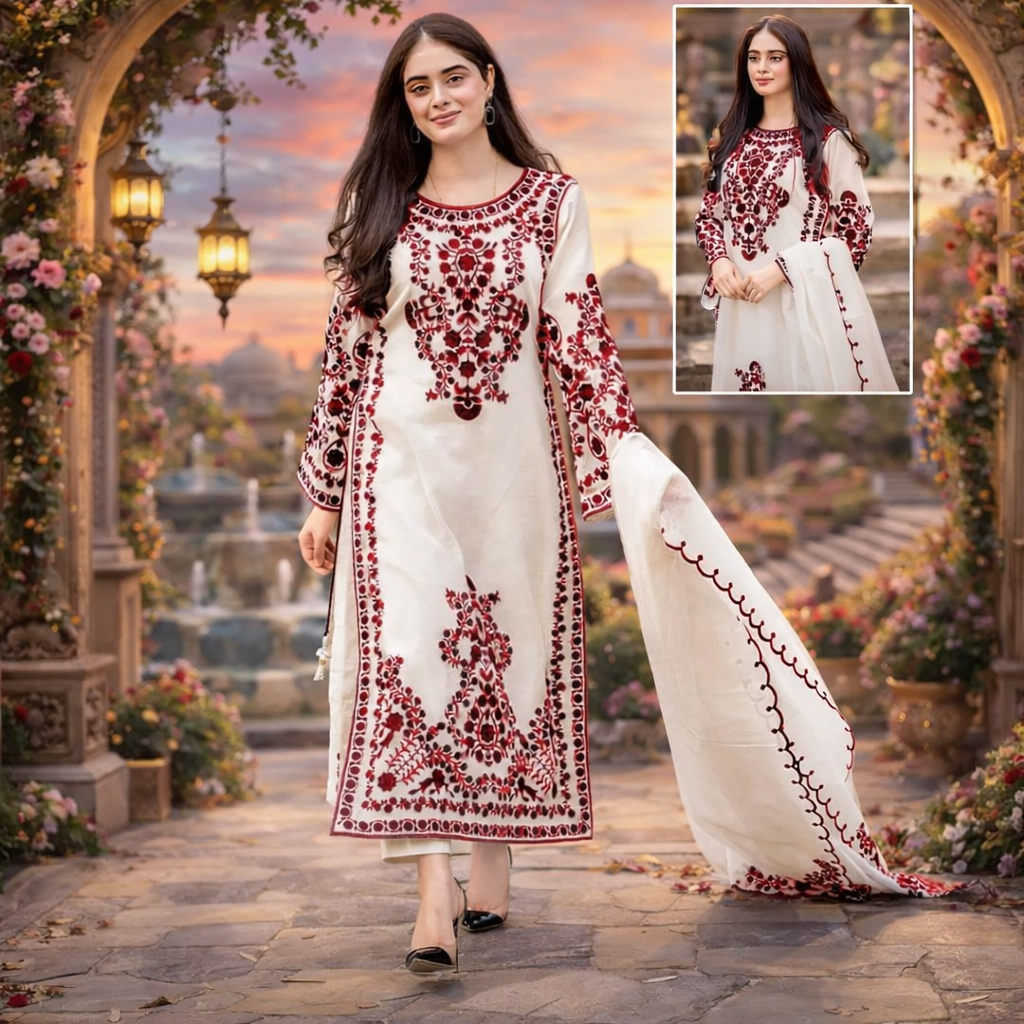 Embroidered White and Maroon Formal Dress