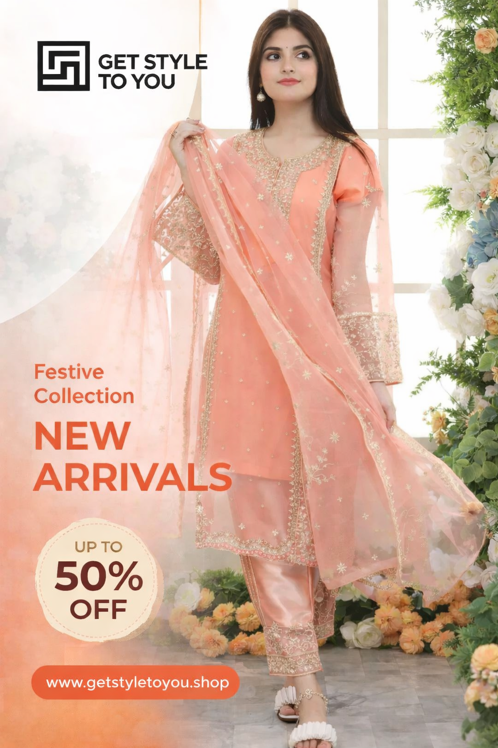 Peach Embroidered Festive Suit