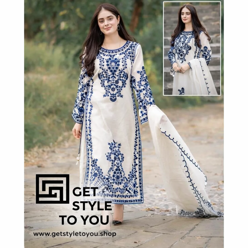 Embroidered White and Maroon Formal Dress