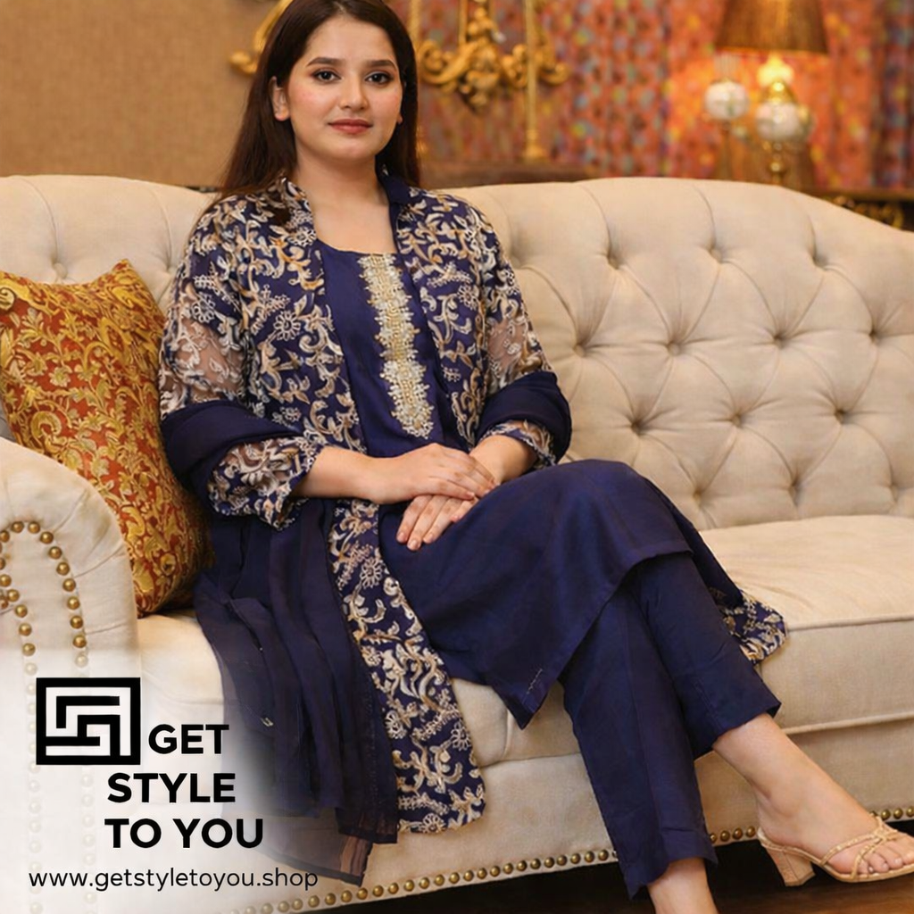 Navy Blue Embroidered Three-Piece Suit