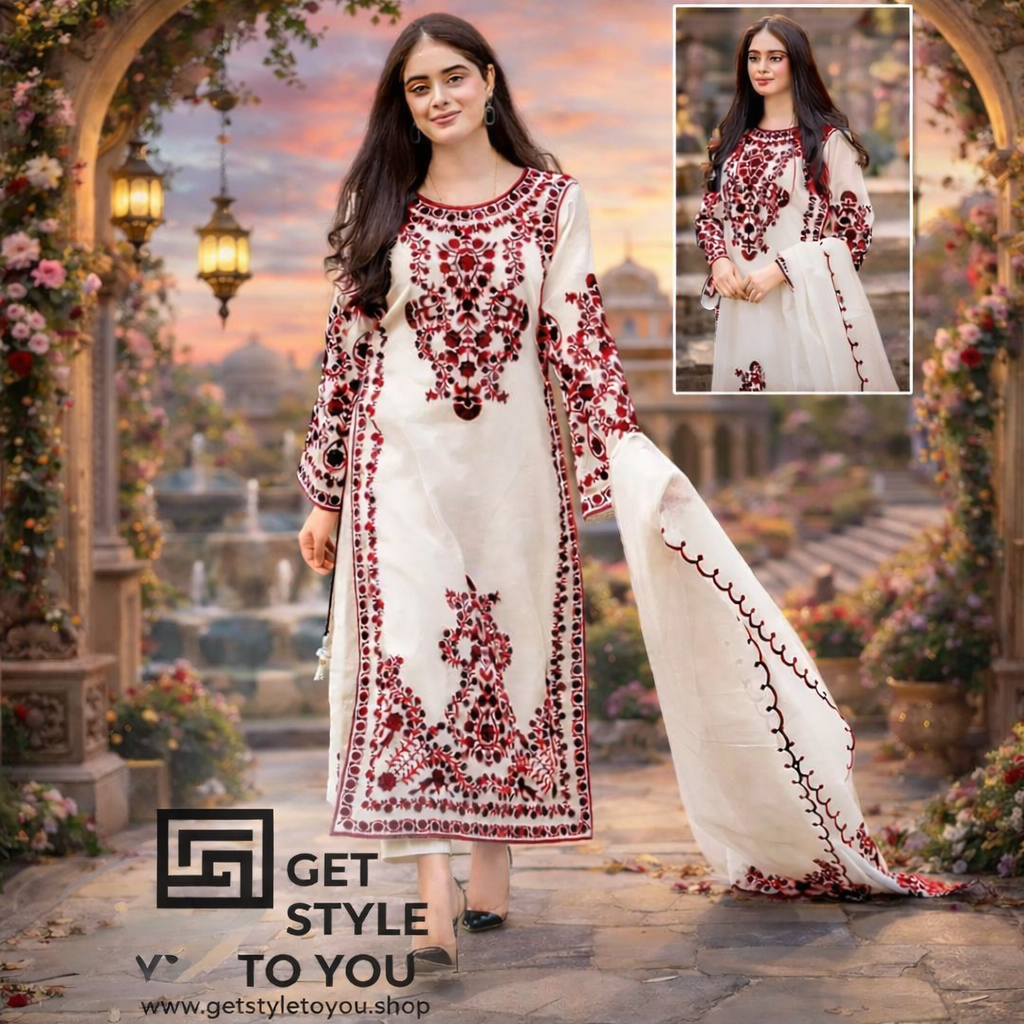 Embroidered White and Maroon Formal Dress