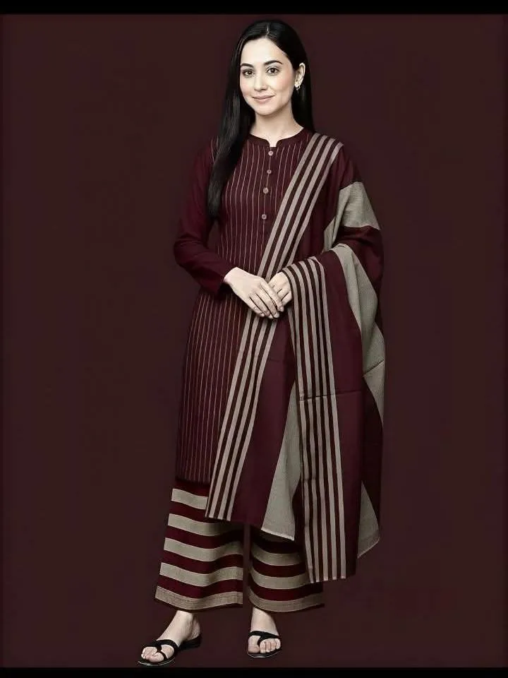 Maroon and Beige Striped Kurta Set