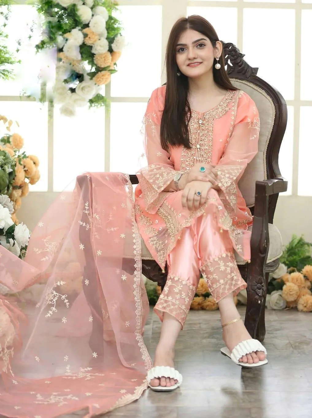 Peach Embroidered Festive Suit