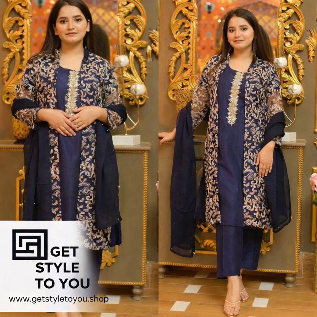 Navy Blue Embroidered Three-Piece Suit
