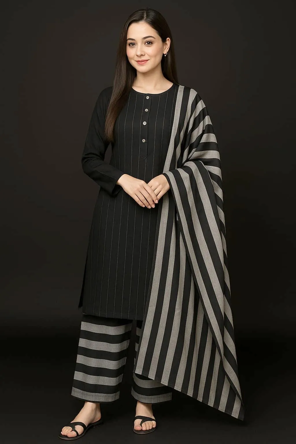 Black and Grey Striped Cotton Suit