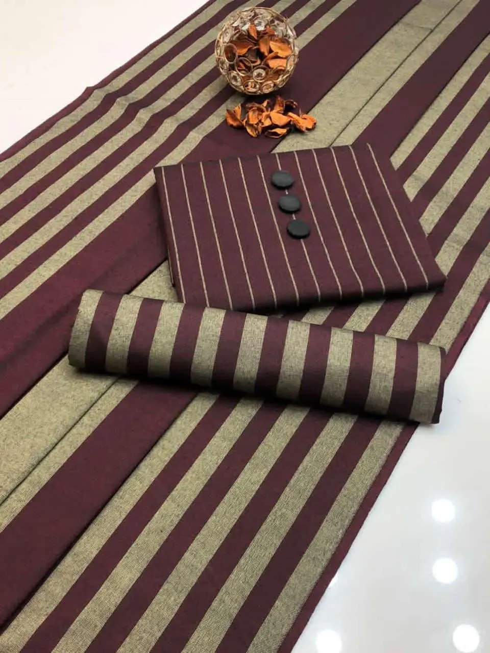 Maroon and Beige Striped Kurta Set