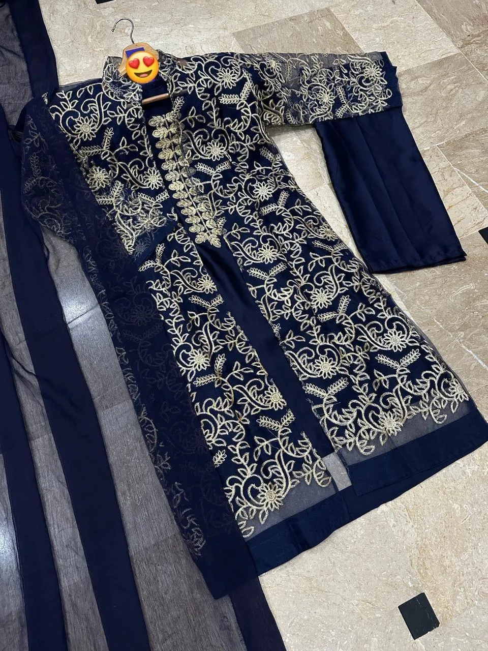 Navy Blue Embroidered Three-Piece Suit