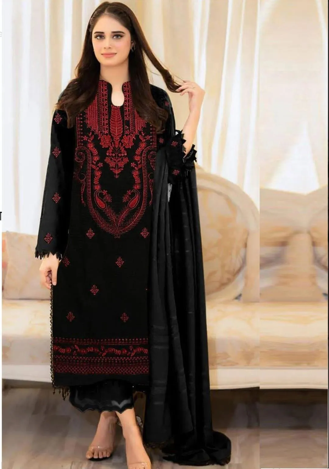 Elegant Black and Red Embroidered Kurta Set