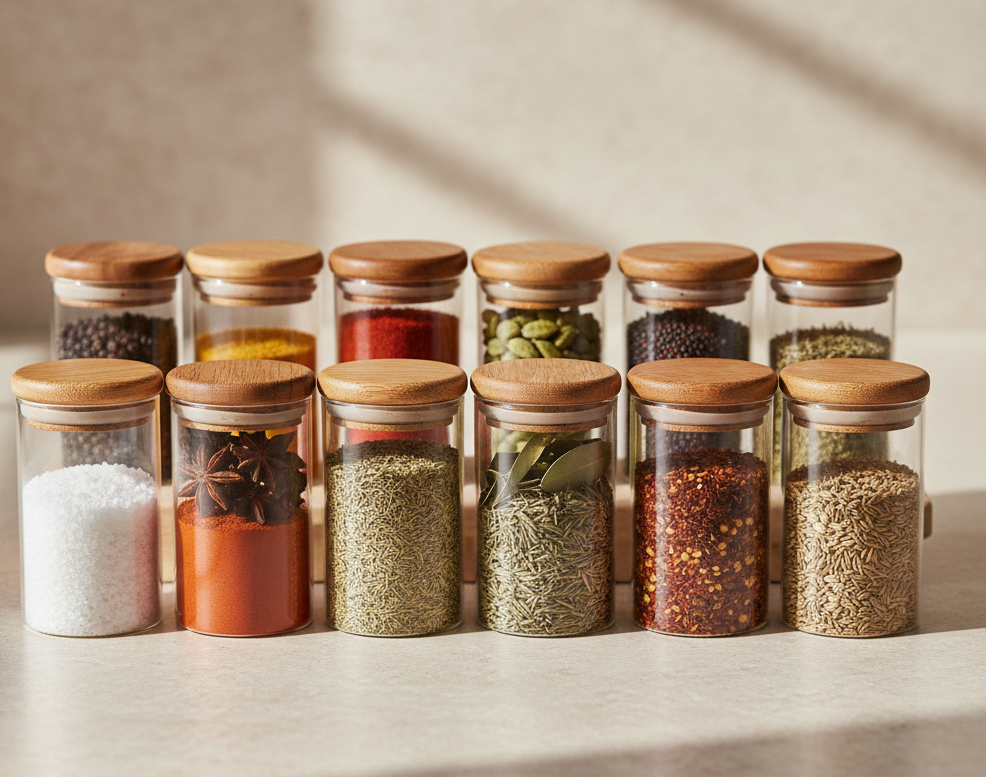 Frascos de especias de vidrio con tapa de bambú