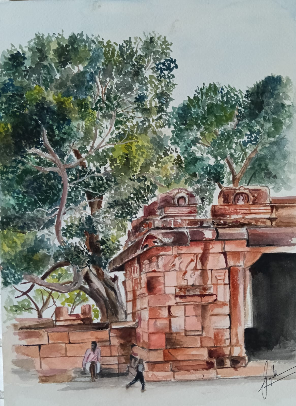 Historic Temple Watercolor Painting