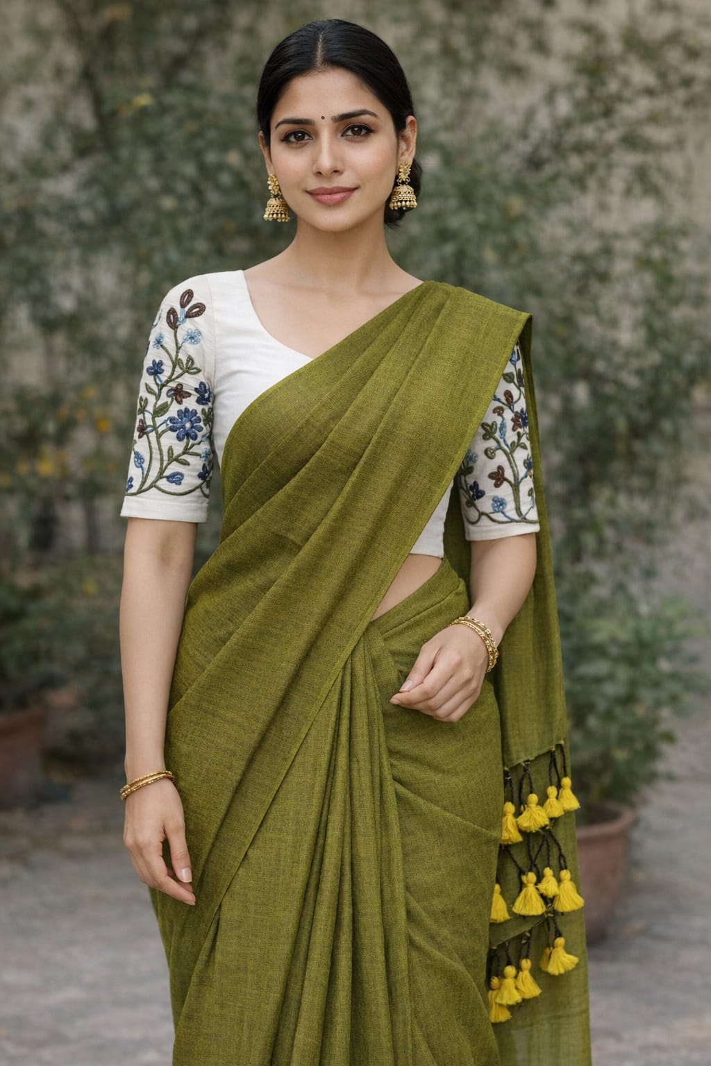 Olive Green Khadi Cotton Saree with Embroidered Blouse
