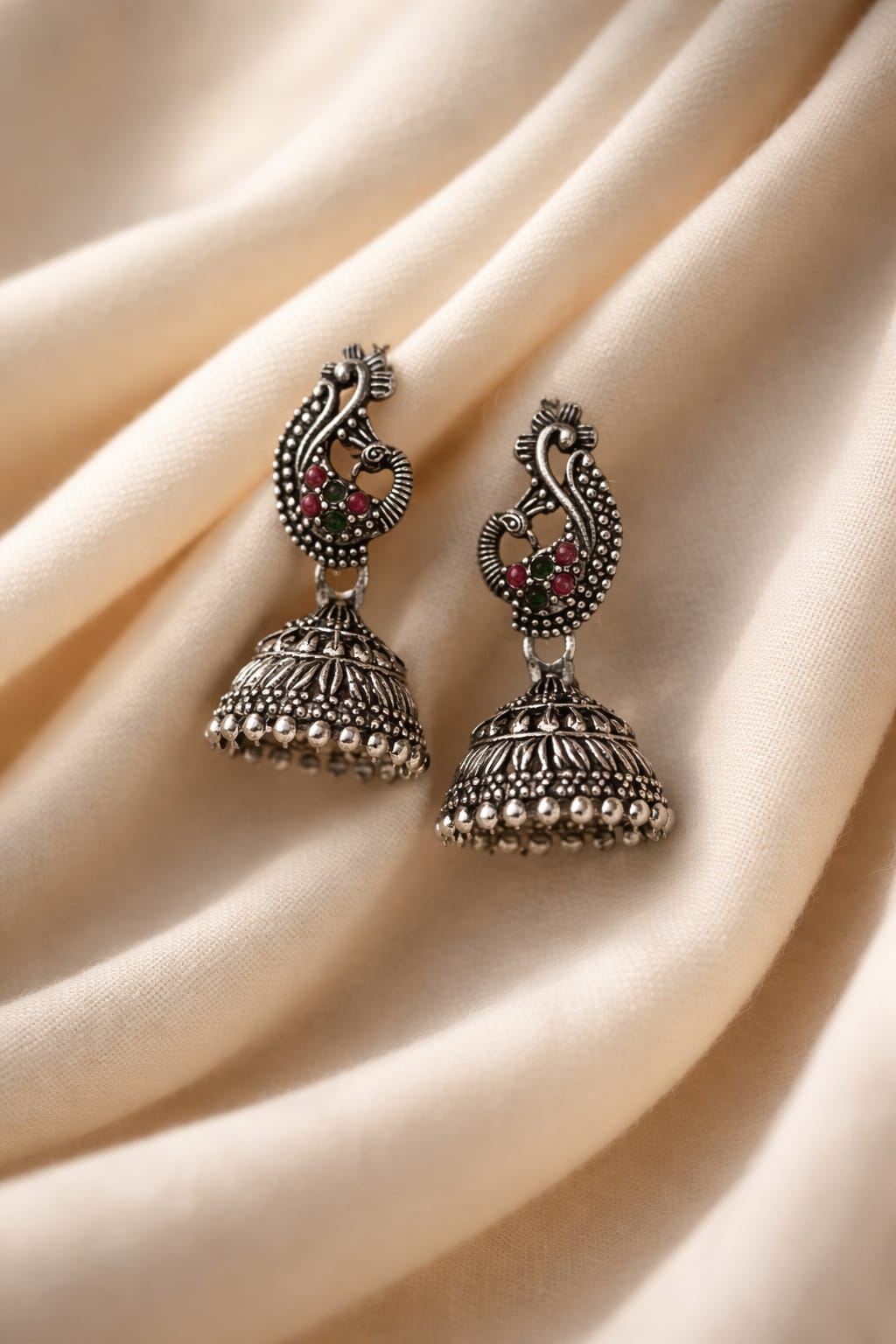 Antique Silver Peacock Jhumka Earrings
