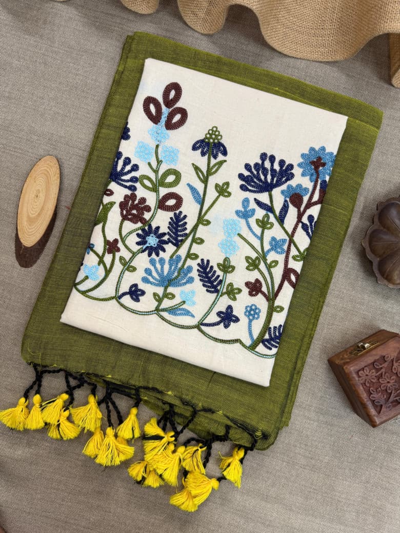 Olive Green Khadi Cotton Saree with Embroidered Blouse