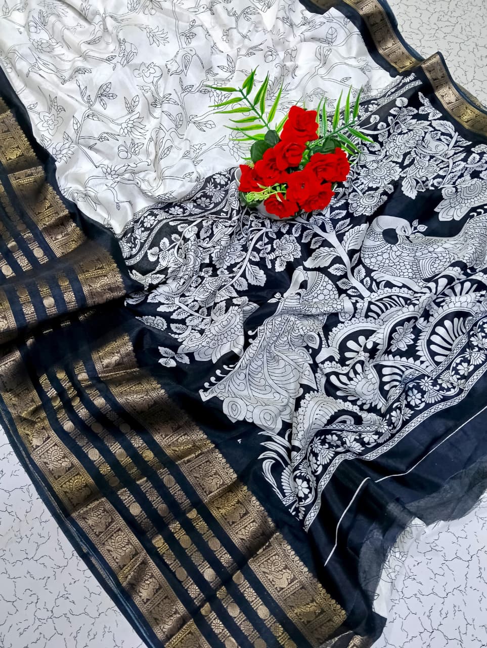 Black and White Dola Silk Saree
