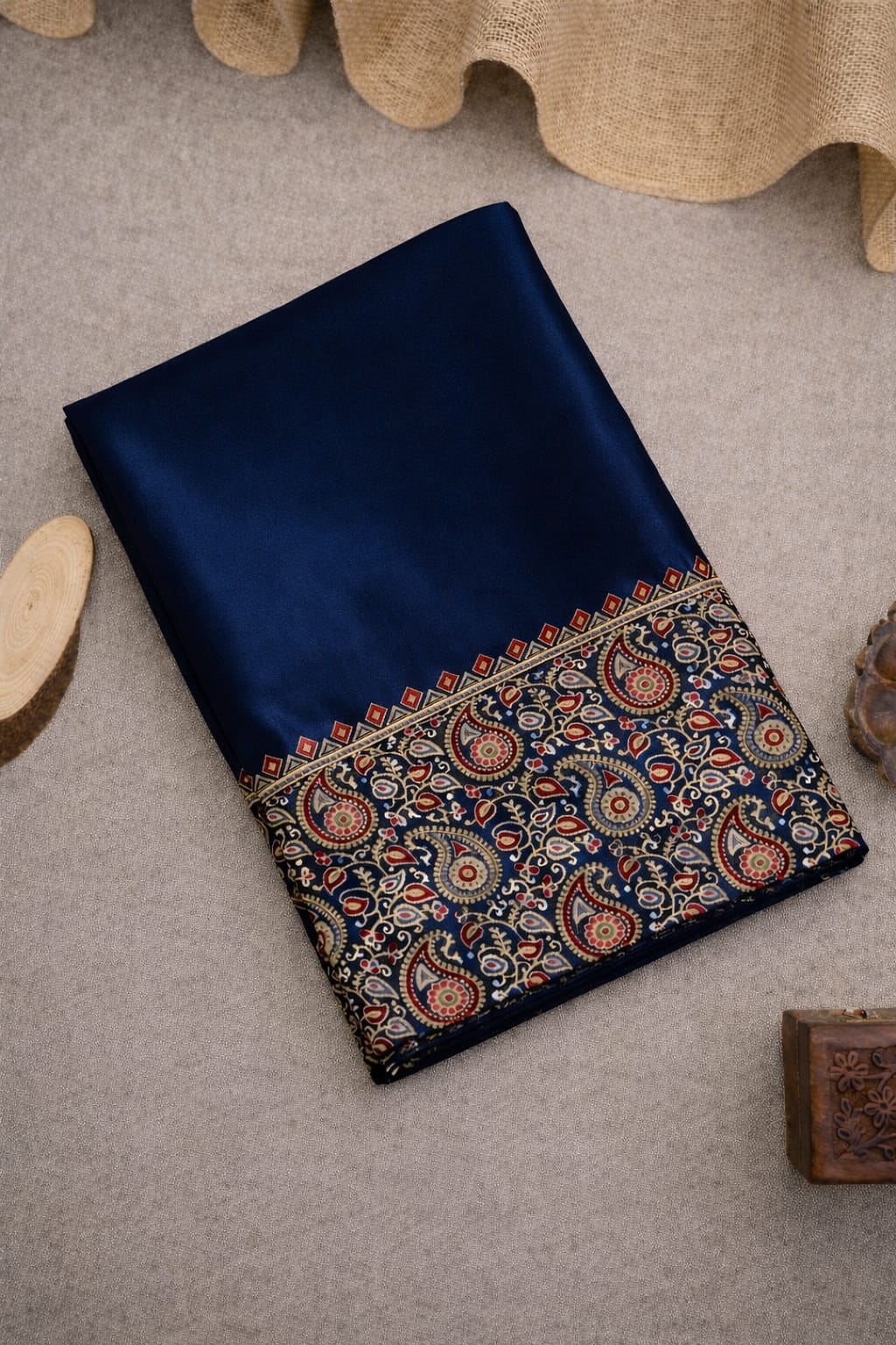 AJRAKH Saree Navy Blue Crepe Silk Saree