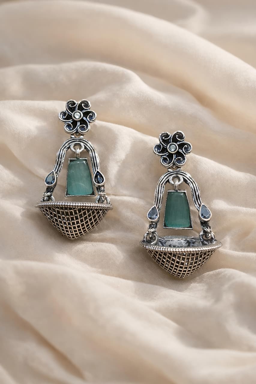 Handcrafted Silver Earrings with Green Stone