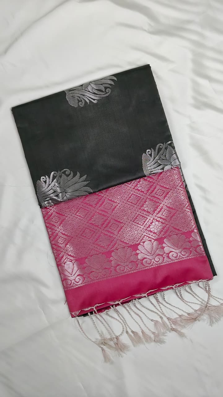 Elegant Grey Pink Soft Silk Saree