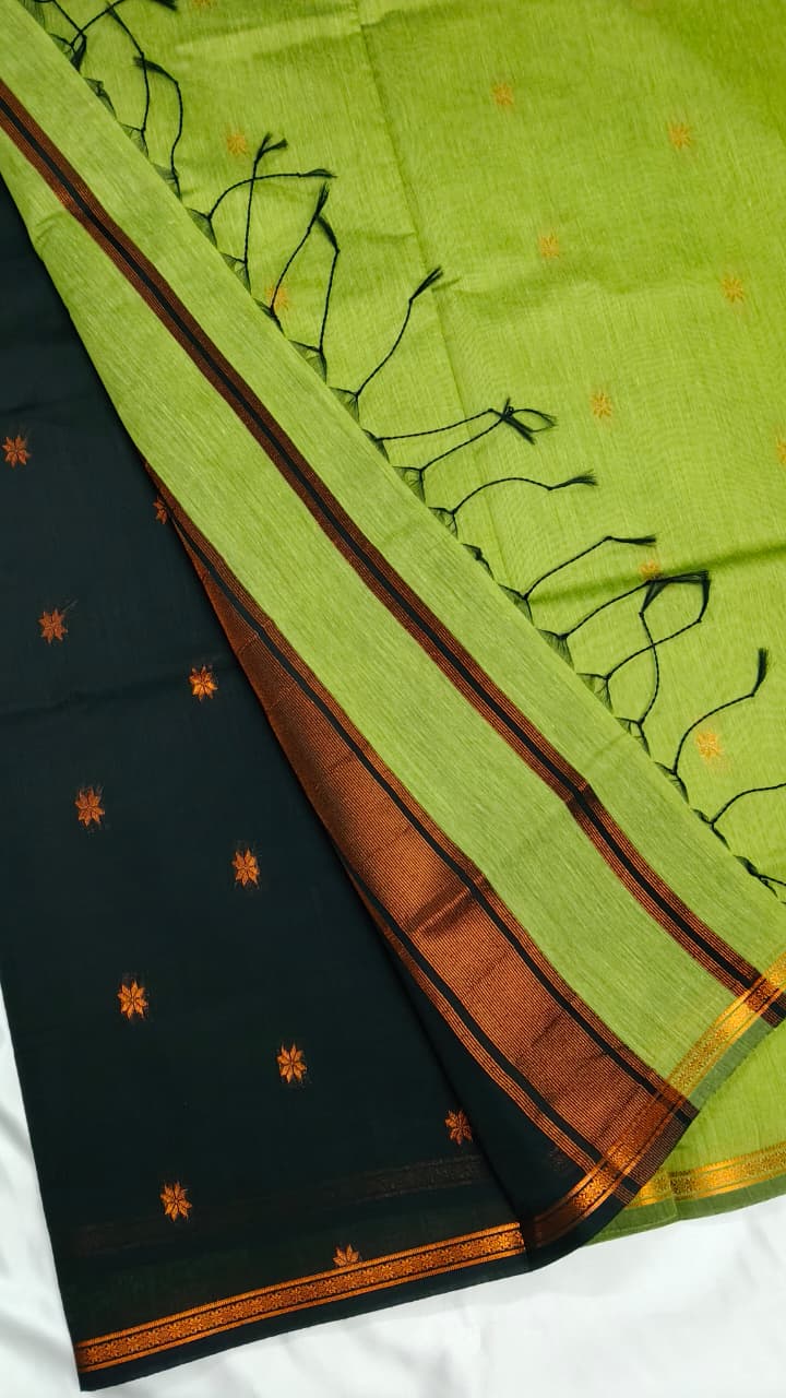 Classic Style Cotton Saree in Fern Green & Black Border