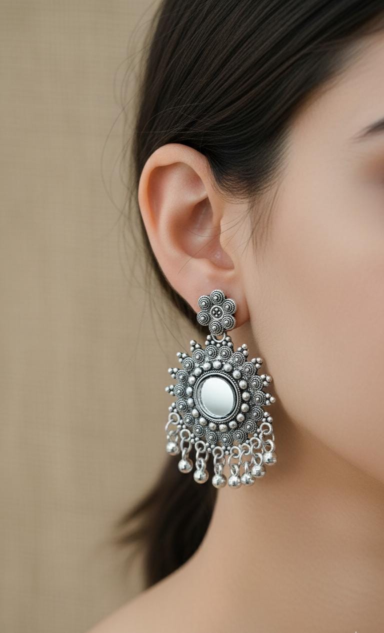 Handcrafted Silver Oxidized Mirror Earrings