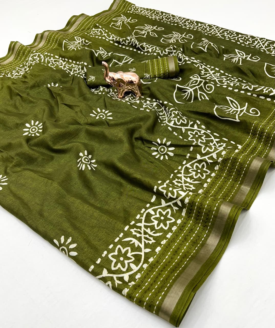  Binny crepe Olive Green Printed Saree