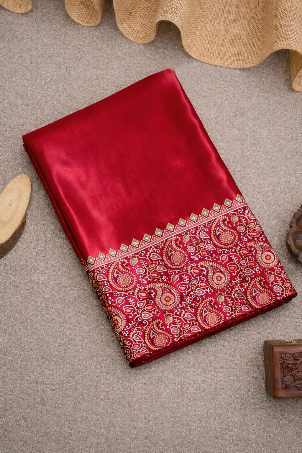AJRAKH Saree Red Crepe Silk Saree