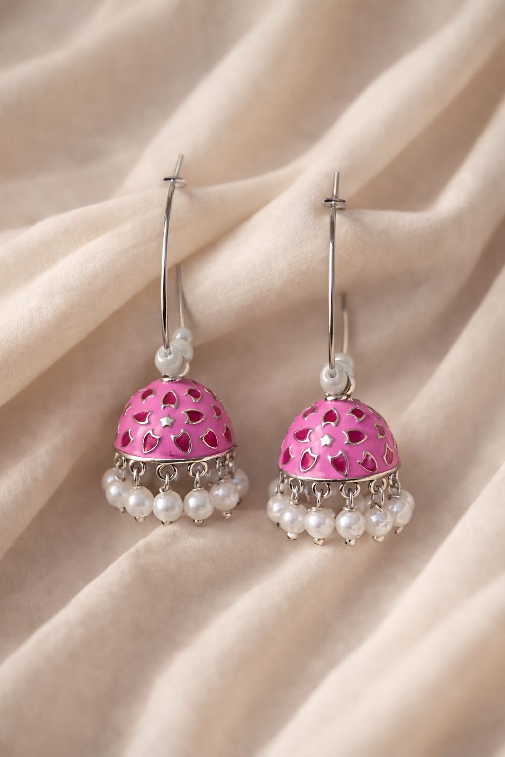 Pink Enamel Jhumka Earrings