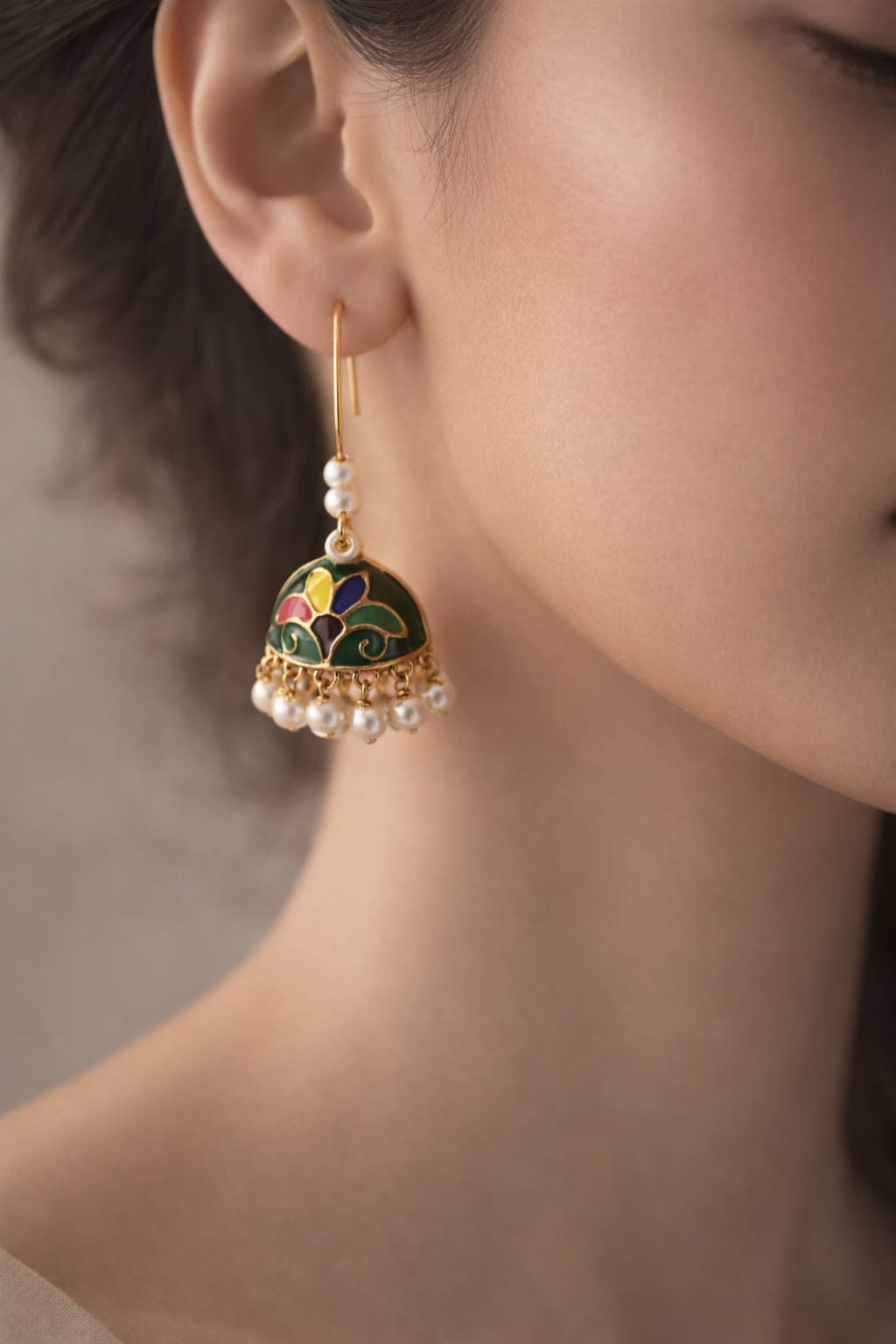 Green Enamel Jhumka Earrings