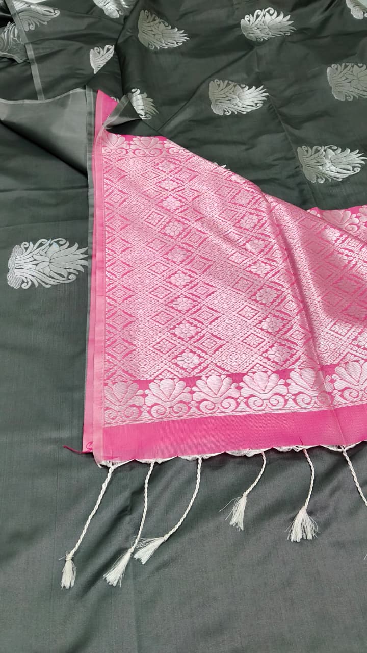 Elegant Grey Pink Soft Silk Saree