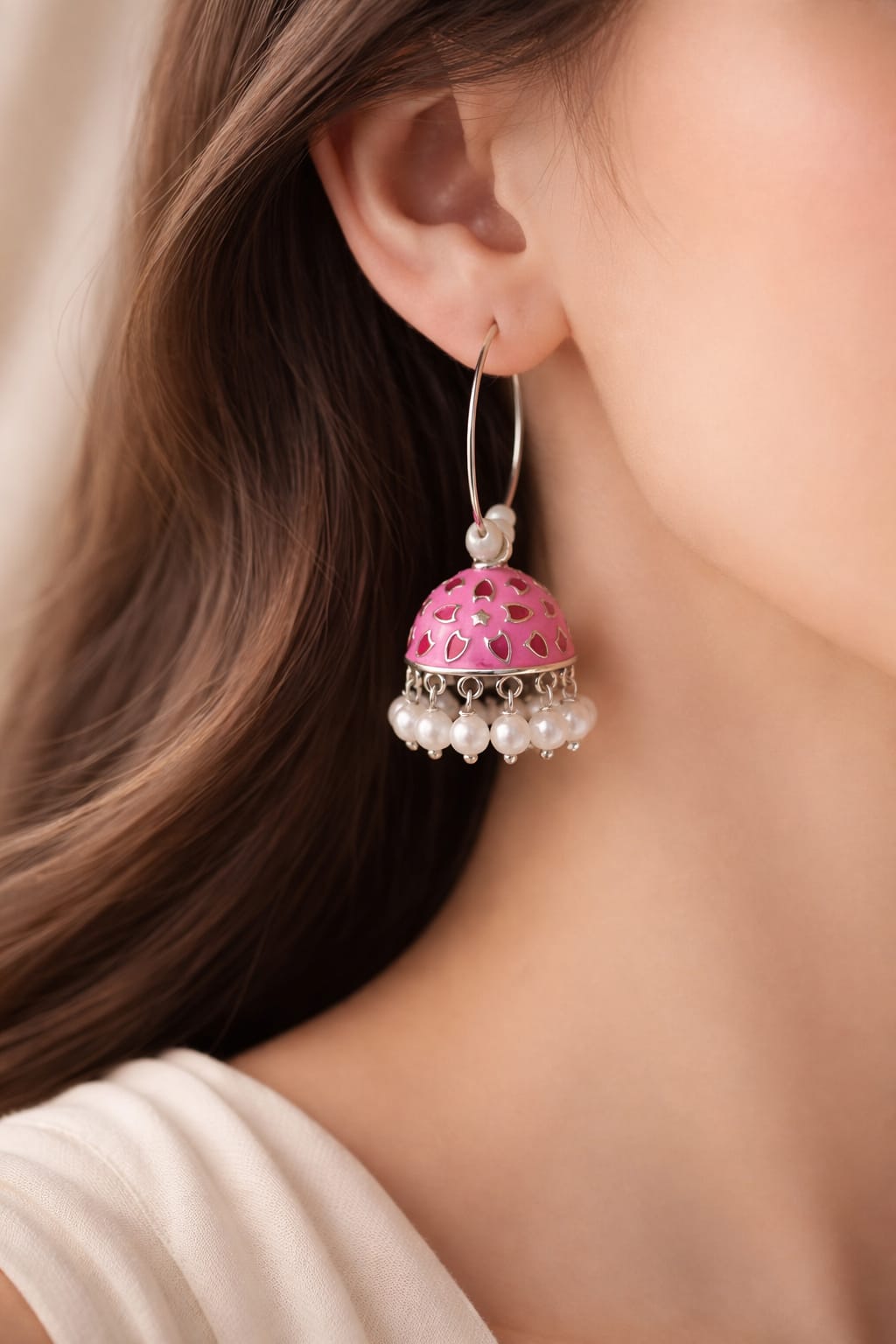 Pink Enamel Jhumka Earrings