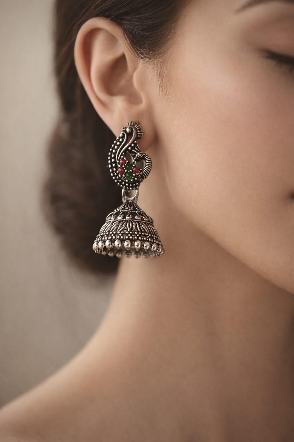 Antique Silver Peacock Jhumka Earrings