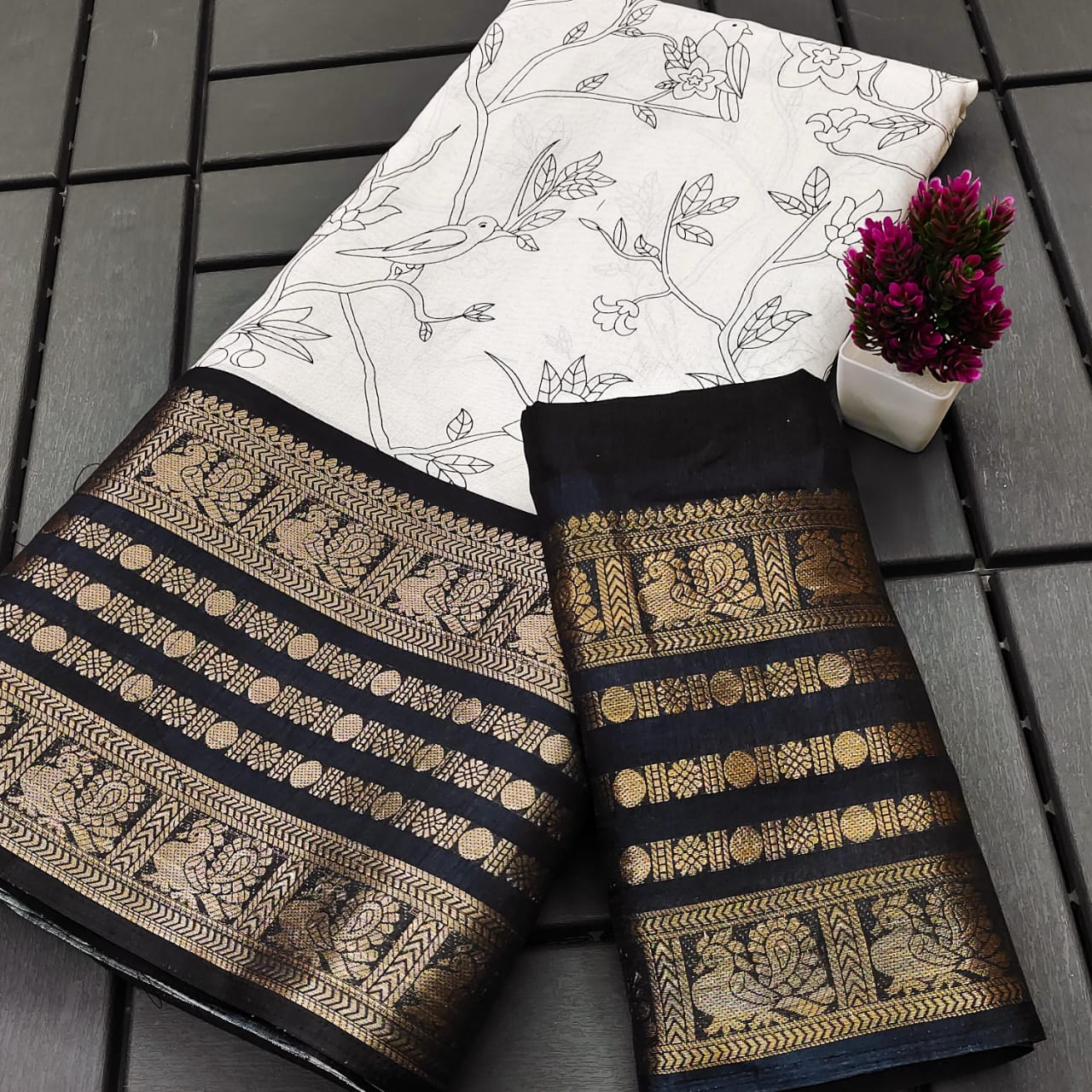 Black and White Dola Silk Saree