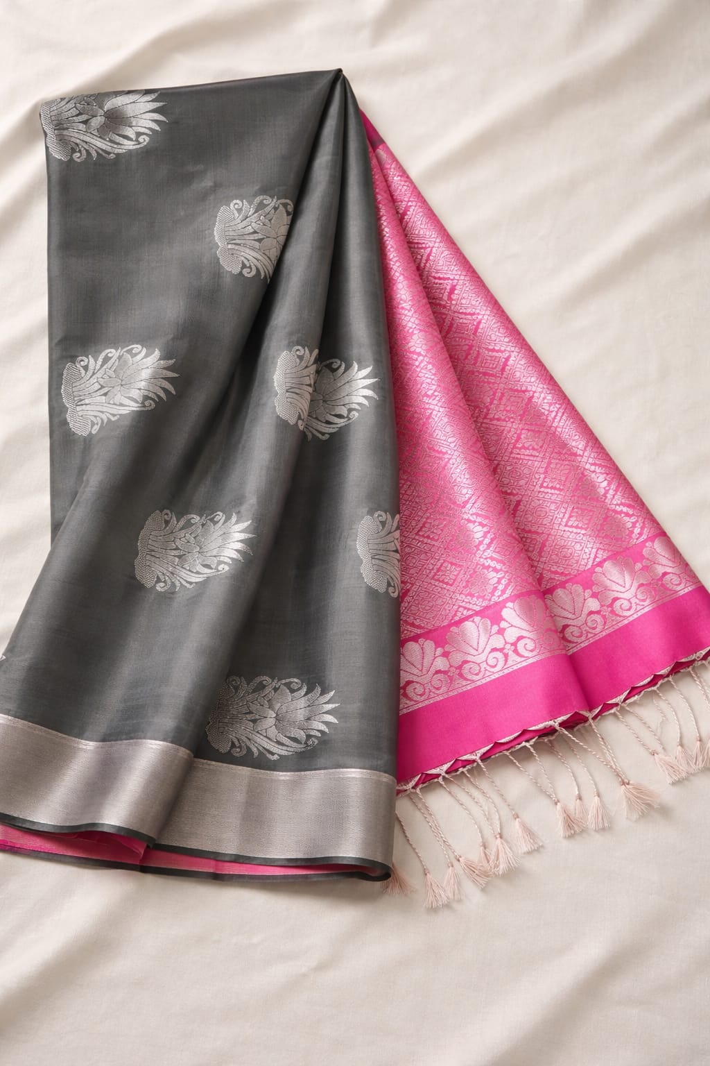 Elegant Grey Pink Soft Silk Saree