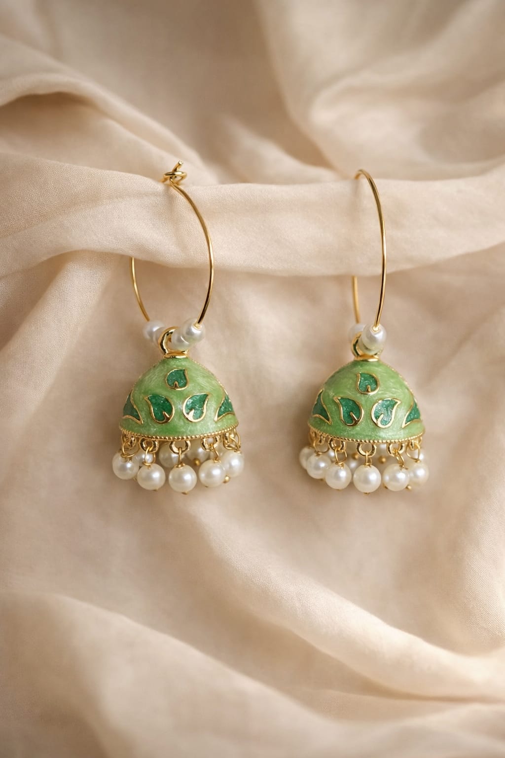 Light Green Enamel Jhumka Earrings