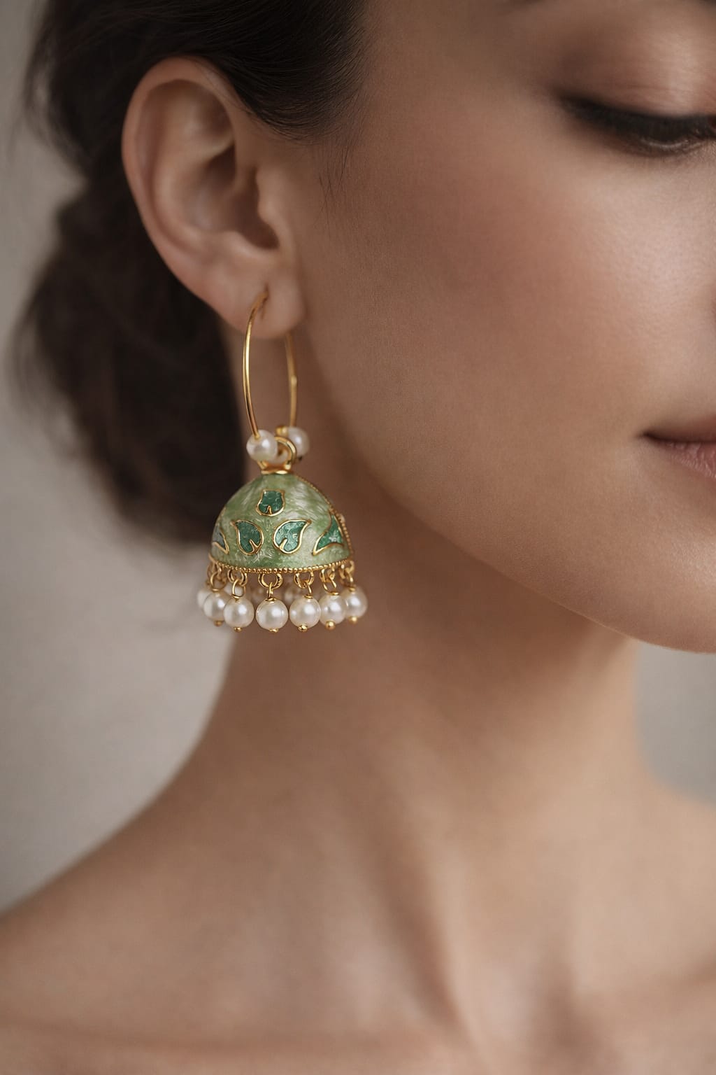 Light Green Enamel Jhumka Earrings