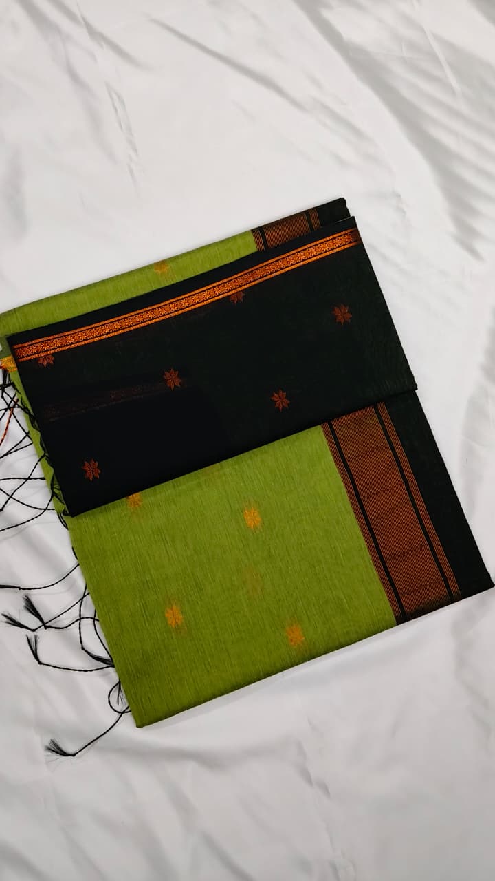 Classic Style Cotton Saree in Fern Green & Black Border