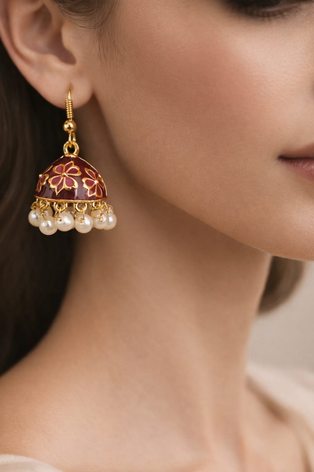 Maroon Enamel Jhumka Earrings