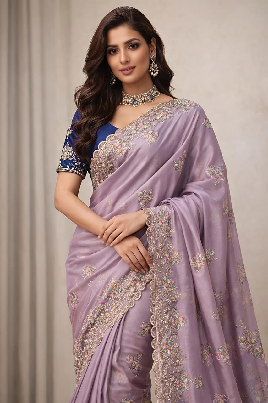 Lavender Embroidered Georgette Saree